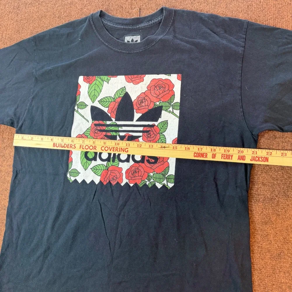 A+ Adidas Originals Mens Large Black Floral Rose Trefoil Graphic T-Shirt Cotton
